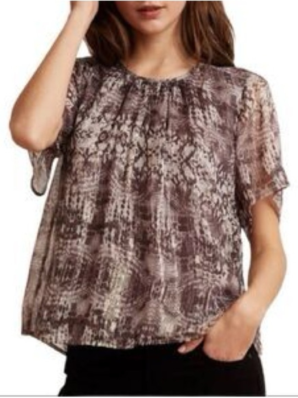 Velvet by Graham & Spencer Purple Mauve and Cream Short Sleeve Printed Blouse S